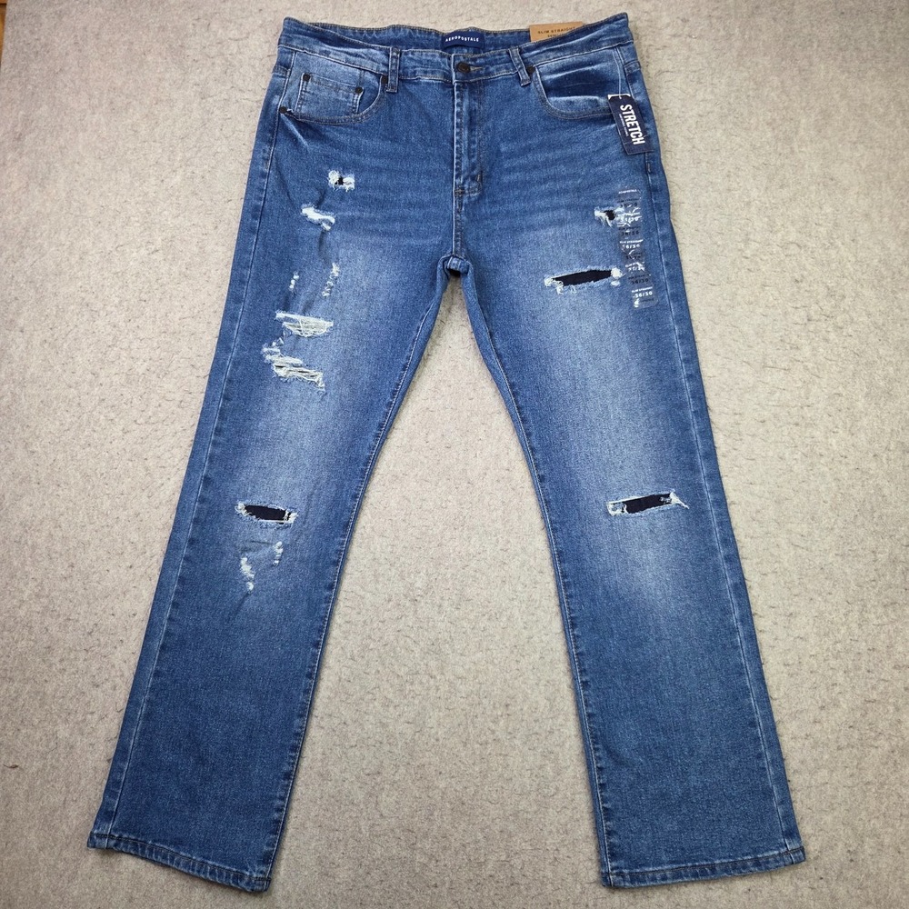 Aeropostale Mens Slim Straight Distressed Stretch Jeans 36x30 Blue Medium Wash